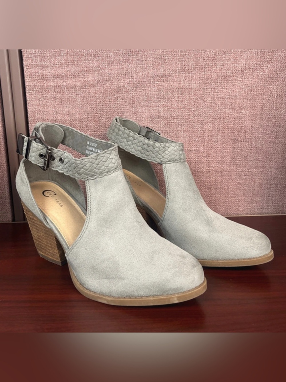 C Est. 1946 gray faux-suede cutout ankle booties